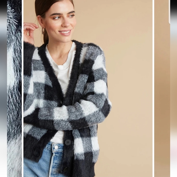 Bella Dahl Sweater Cardigan In White and Black Plaid - Picture 3 of 13